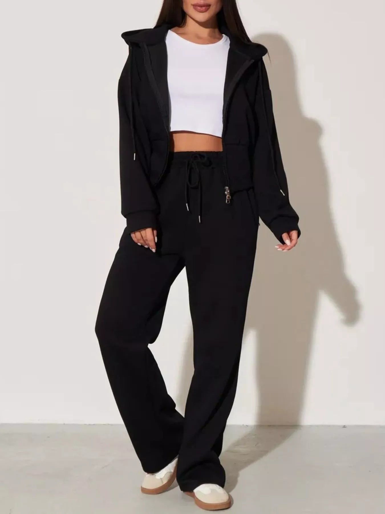 Black zip-up hoodie and wide-leg pants set with hood, open front, drawstring waist
