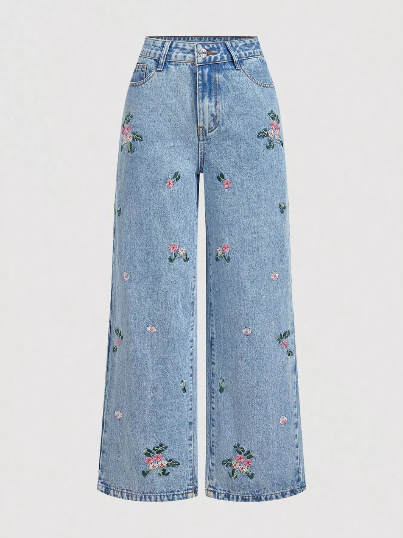 Light blue wide-leg jeans with scattered floral embroidery on front