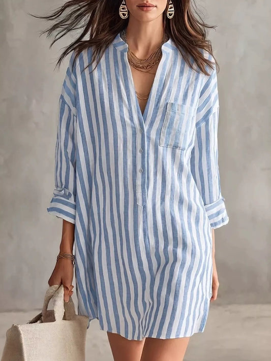 Blue-and-white striped shirt dress with 3/4 sleeves, button front, V-neck, chest pocket