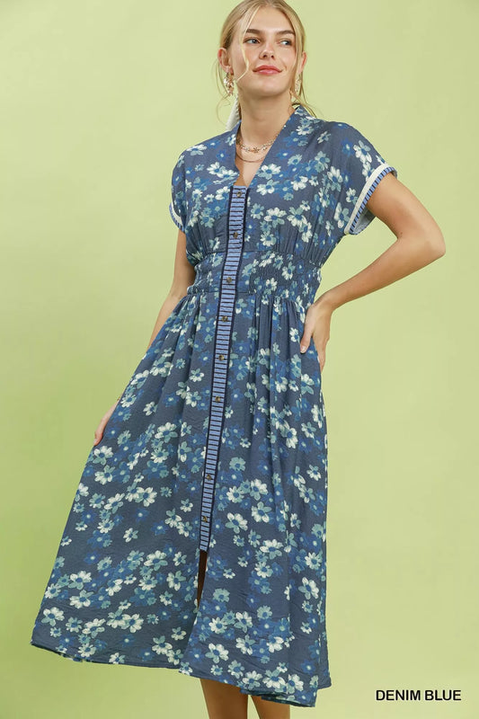 Denim blue floral henley shift dress with short sleeves and button front