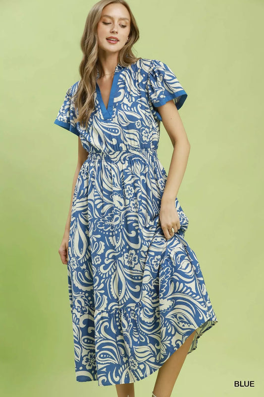 Blue paisley-print midi dress with V-neck, ruffle sleeves and side pockets