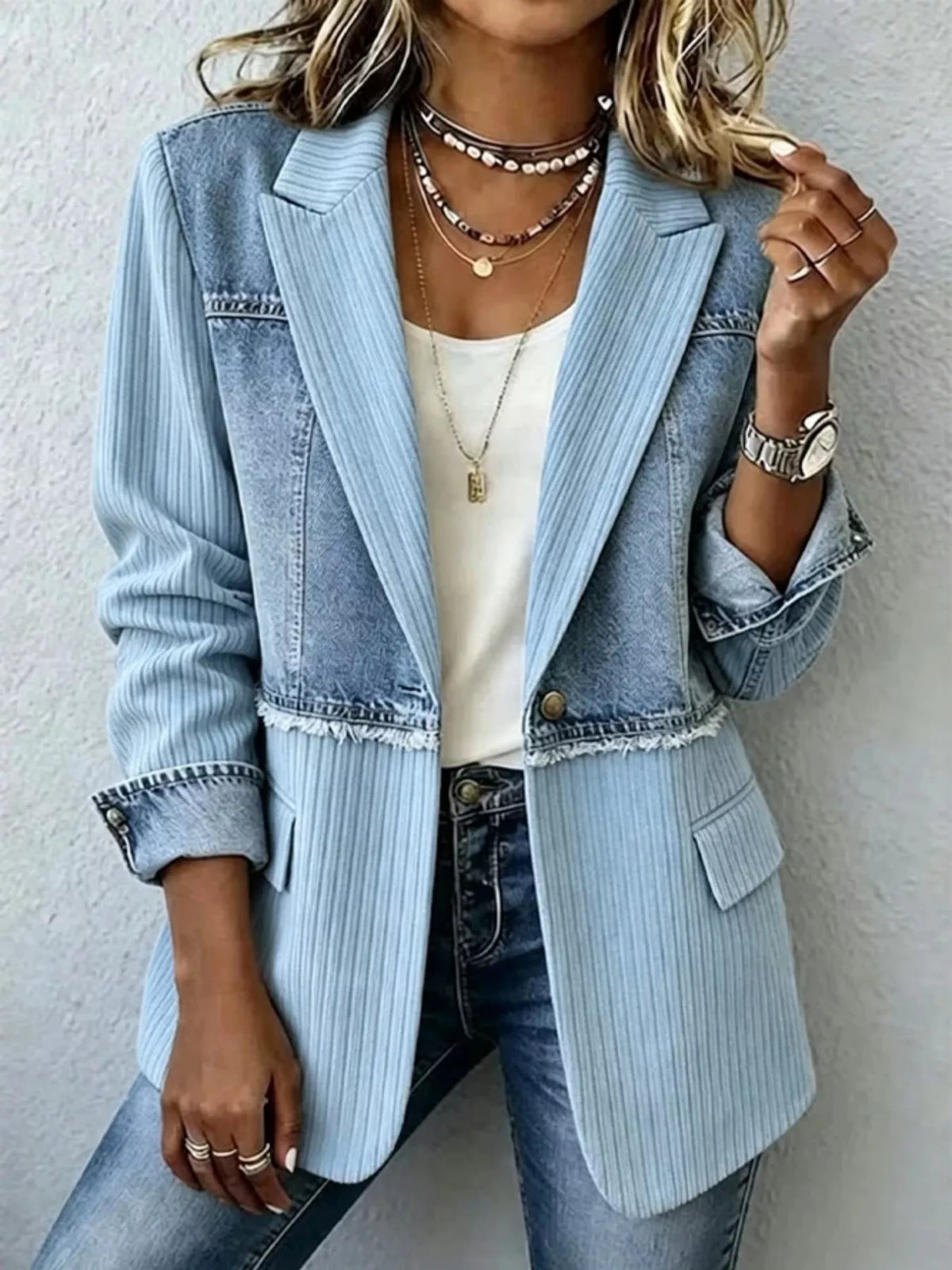 Light blue denim patchwork ribbed blazer with notch lapels and front pockets