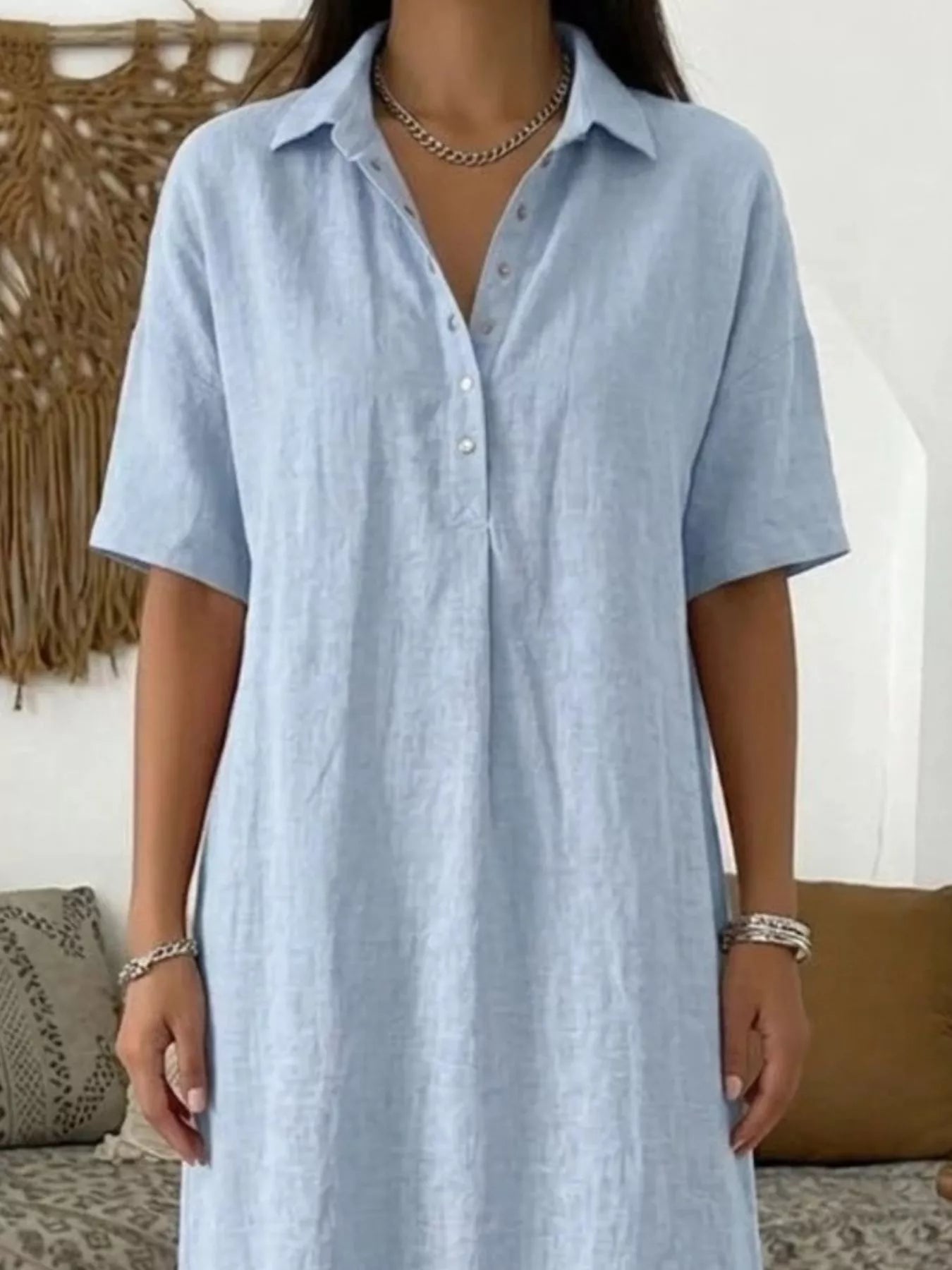 Light blue collared button-front midi dress with short sleeves