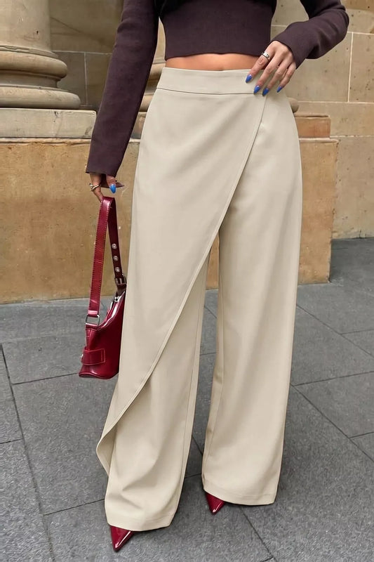 Beige asymmetrical wrap wide-leg pants with side draped overlay and high waist