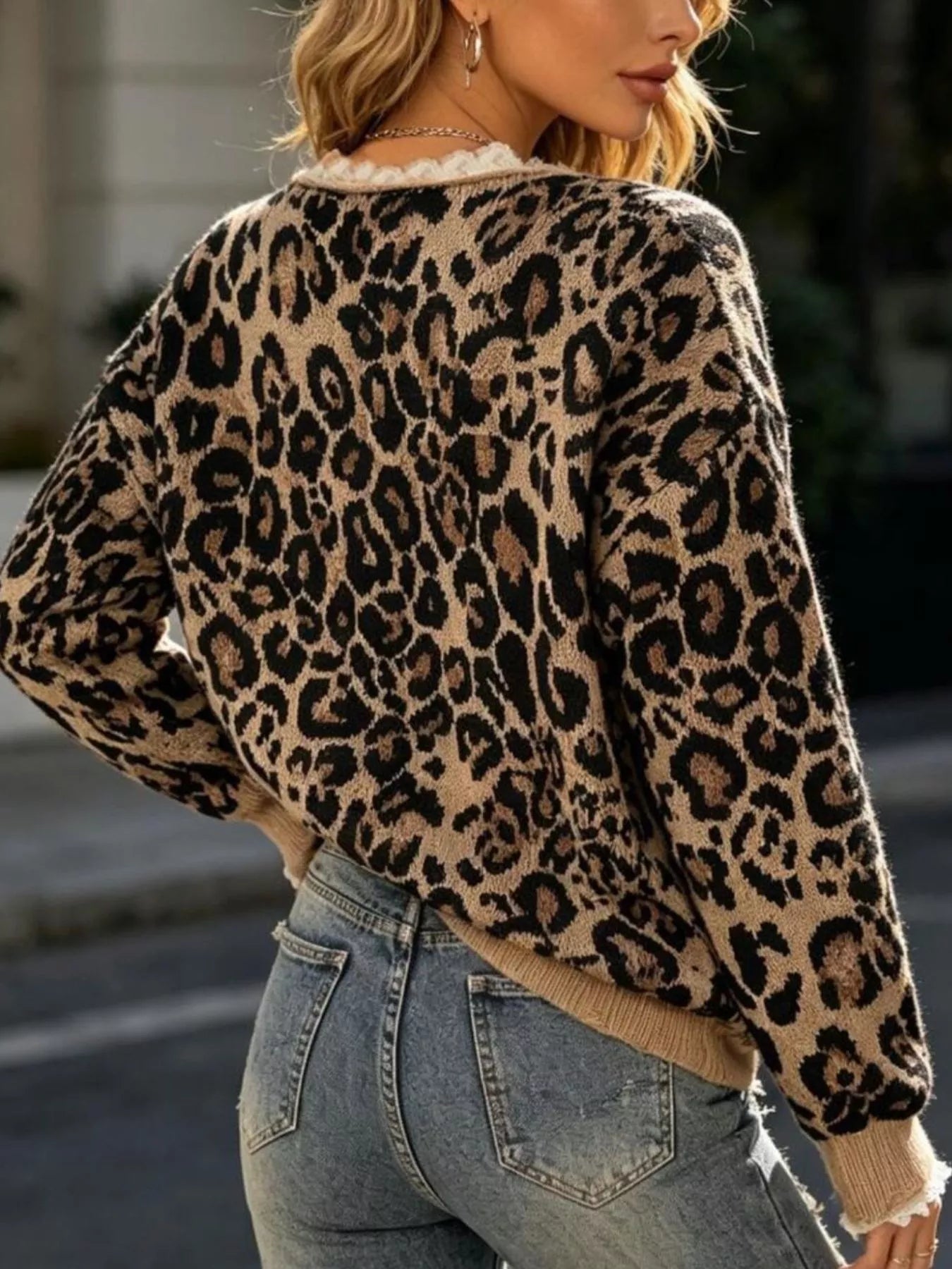 Camel leopard-print V-neck lace-trim sweater, back view, long sleeves, ribbed cuffs