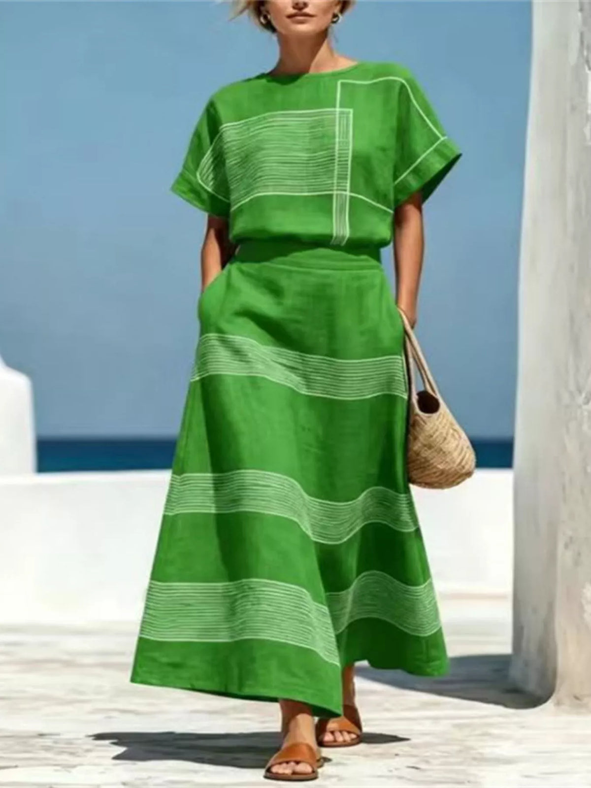 Green striped round neck top and maxi skirt set with layered panel graphic stripes