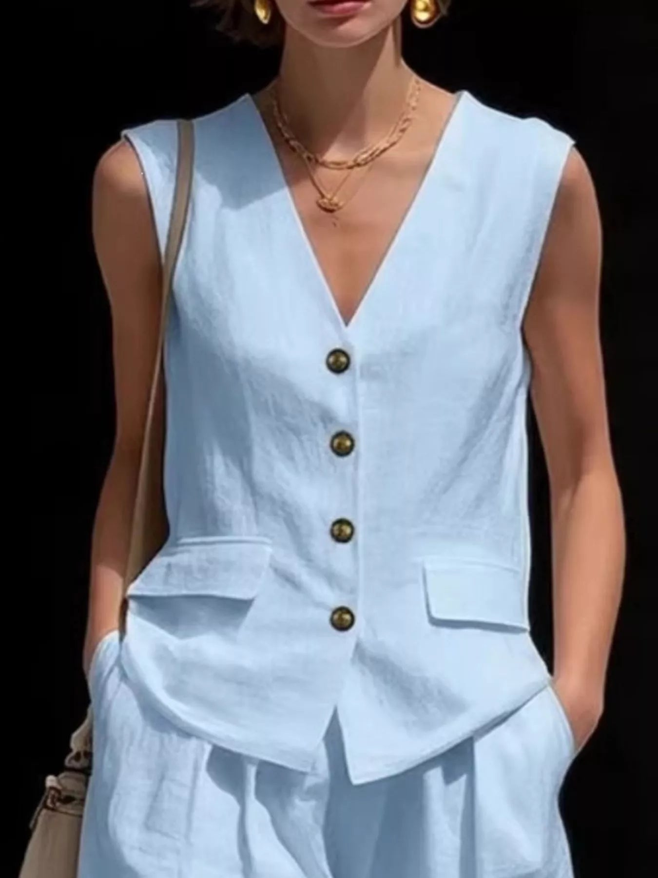 Light blue sleeveless vest and shorts set, V-neck button front with chest patch pocket