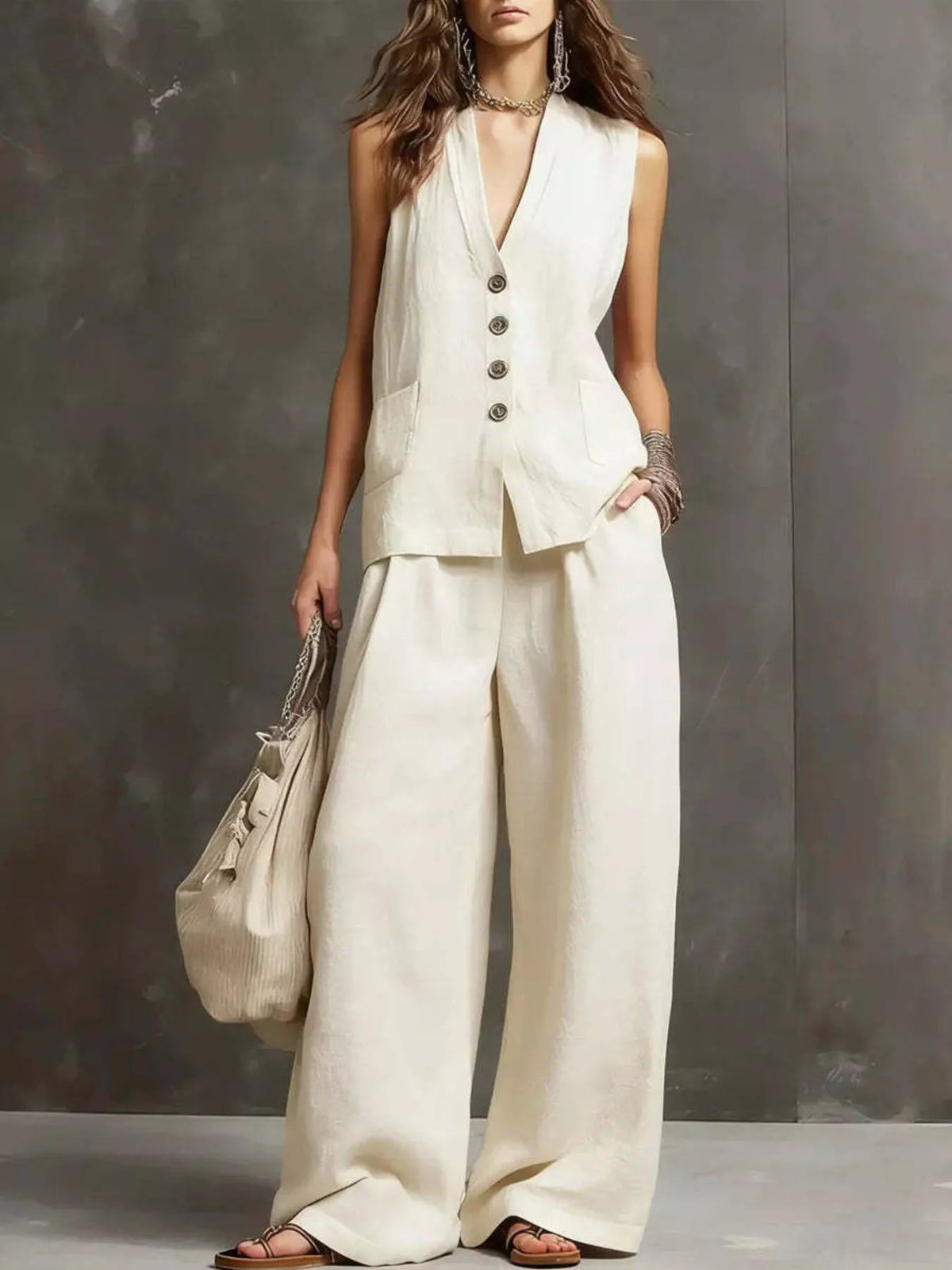 White sleeveless vest and wide-leg pants set with button-front vest