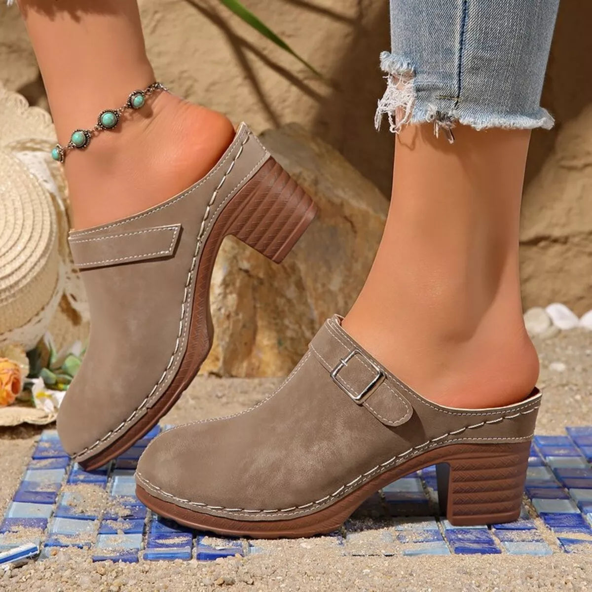 Brown suede-look heeled sandals with round toe, side buckle strap, block heel