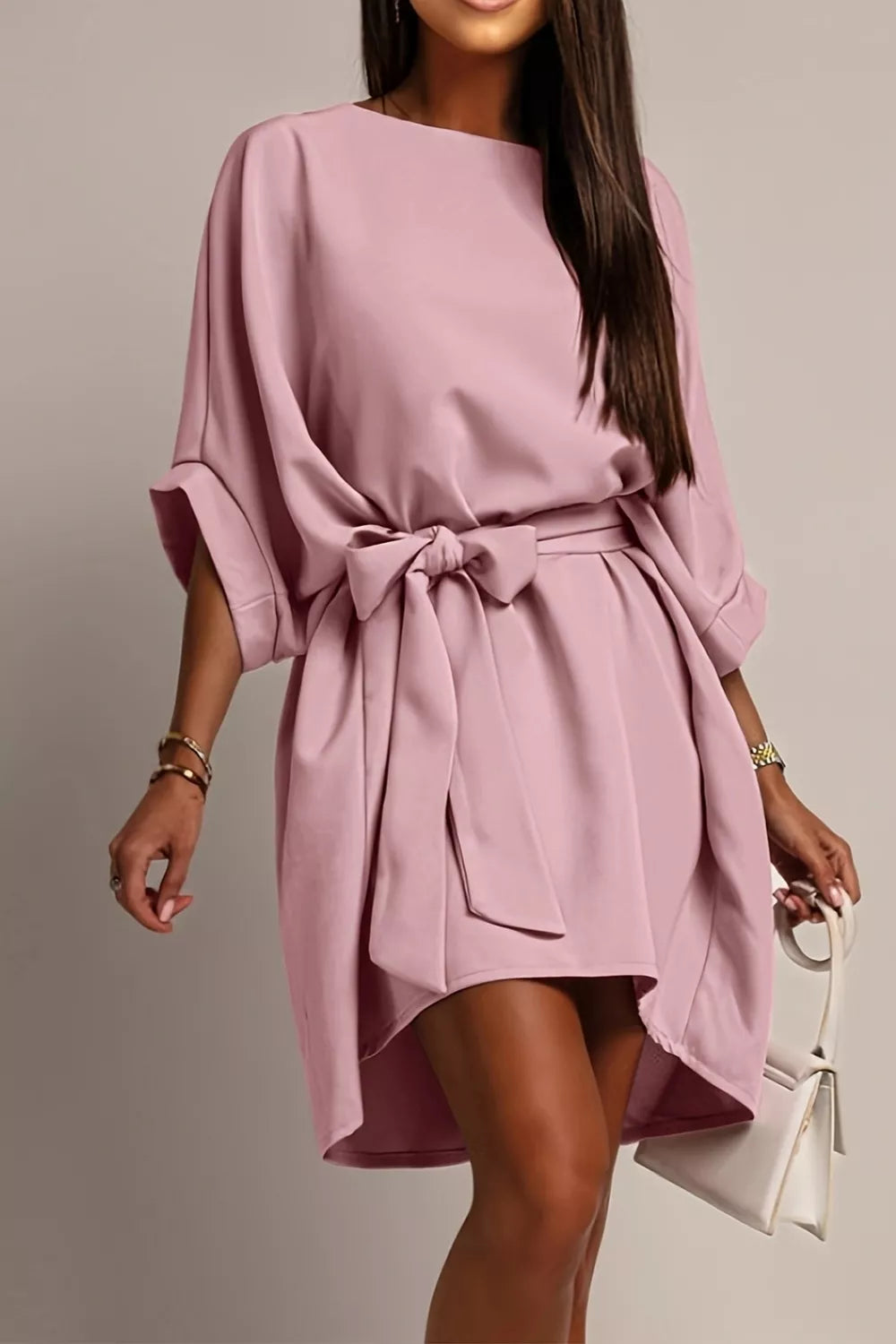 Dusty pink tie-waist batwing sleeve dress with gathered waist tie