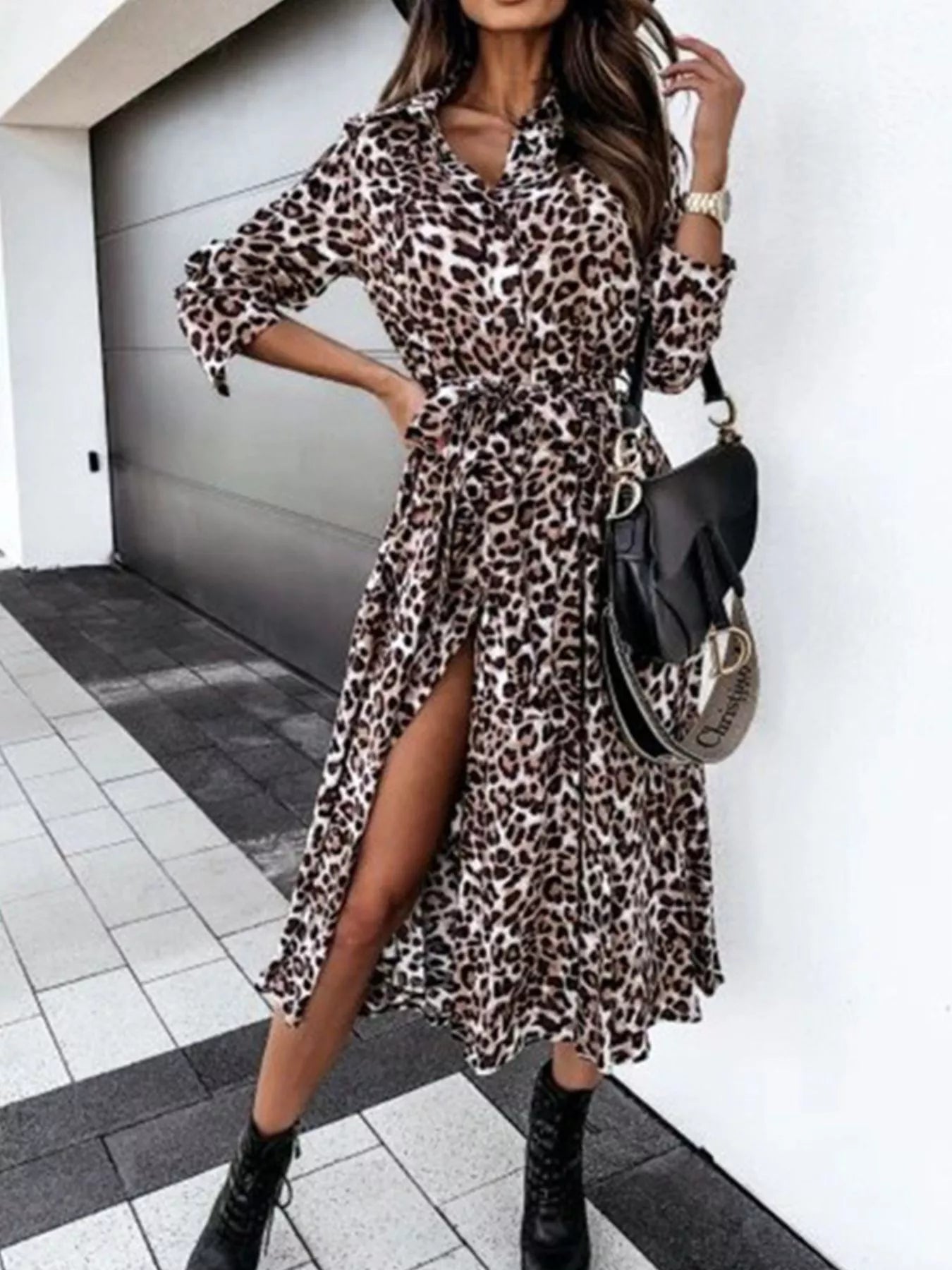 Leopard-print belted button-down midi dress with long sleeves and front slit detail