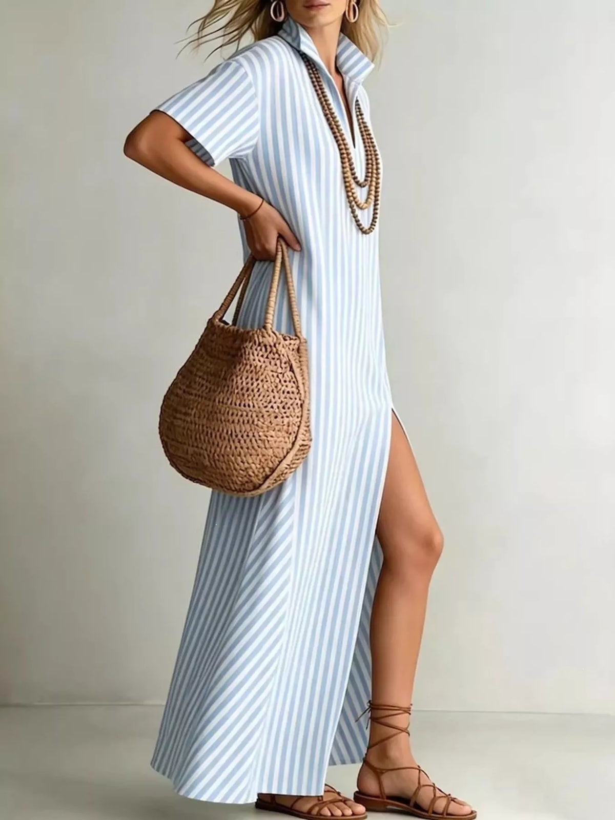 Light blue striped maxi dress with V-neck, short sleeves, side slit front view