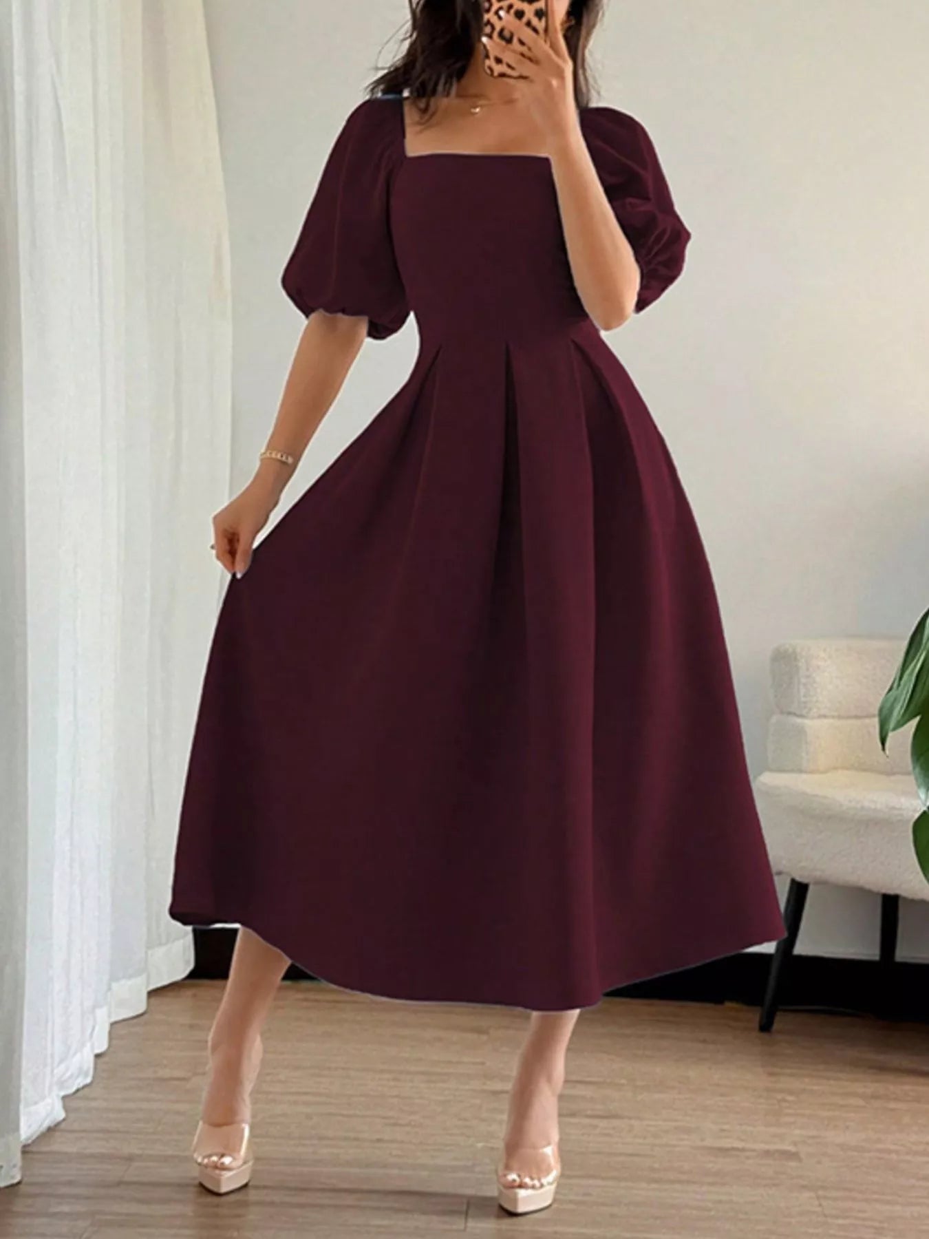 Burgundy square-neck flutter sleeve midi dress, three-quarter view, puff sleeves and volume skirt