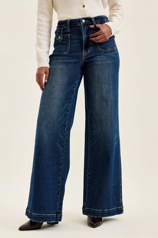 High-waist retro wide-leg jeans, dark wash denim, front button closure and pockets