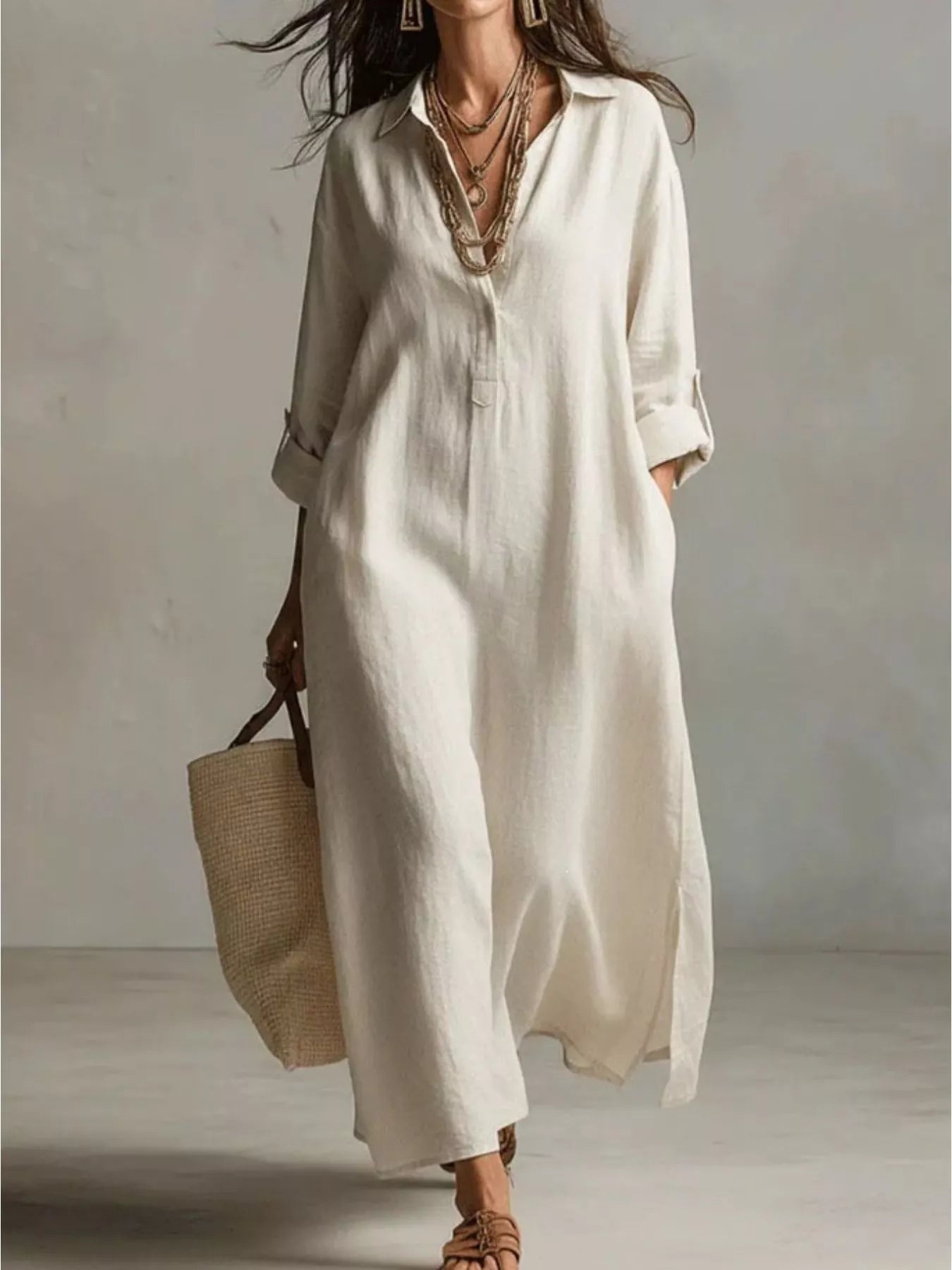 Cream midi shirt dress with button front, V-neck, short sleeves, relaxed fit