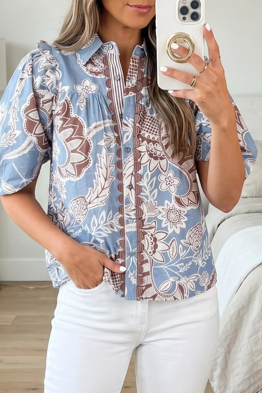 Floral print short-sleeve button-down shirt with scalloped trim and dark buttons