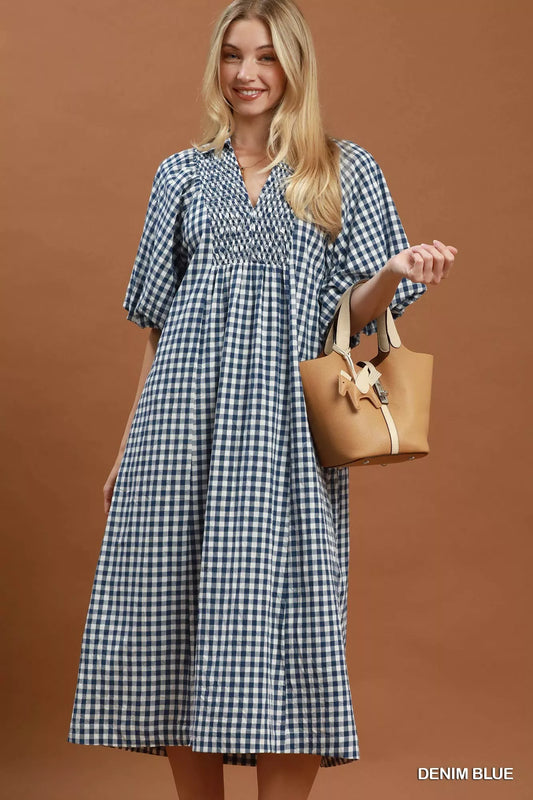 Denim blue plaid midi dress with puff sleeves and V-neck button front