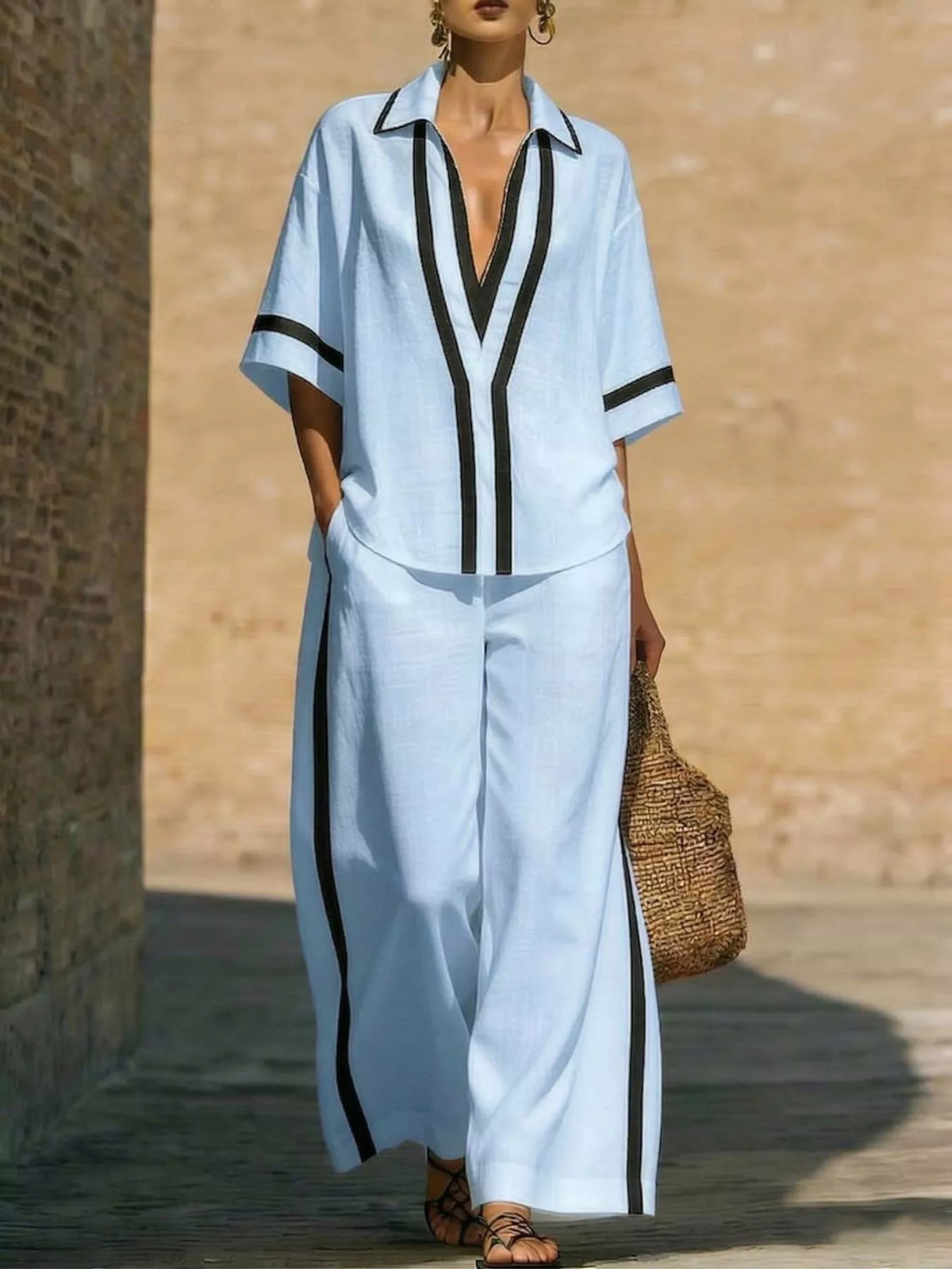 Plus-size contrast-trim top and pants set, light blue with black-and-white V-neck trim