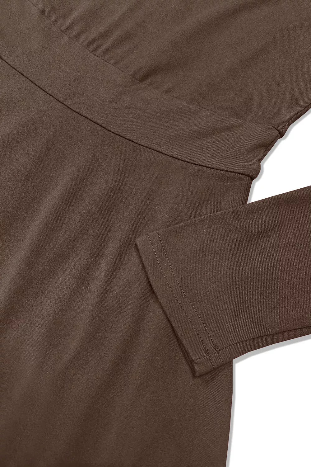 Coffee brown long-sleeve V-neck mini dress sleeve and seam detail