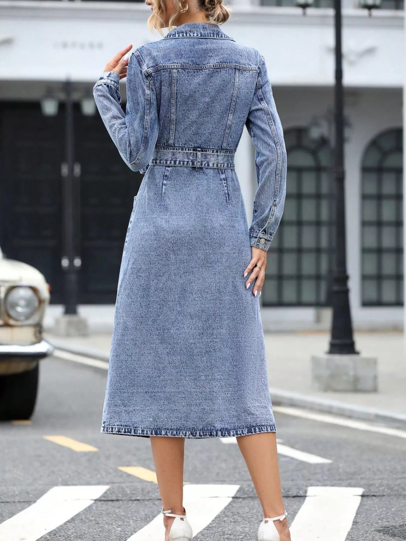 Belted long sleeve denim dress in light blue, button back and belted waist