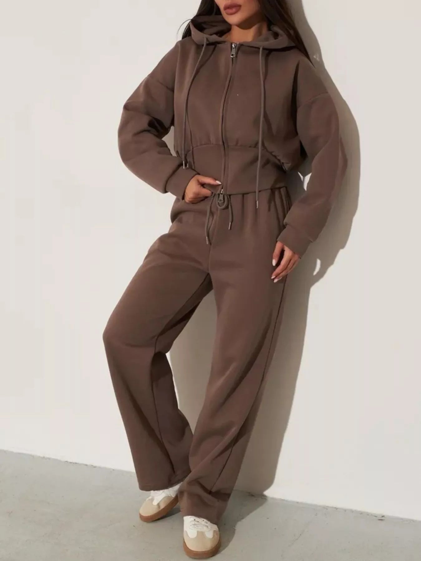 Brown zip-up hoodie and wide-leg pants set with hood, front zipper, relaxed straight legs
