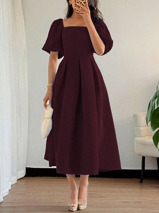 Burgundy square-neck flutter sleeve midi dress with puff sleeves and gathered waist