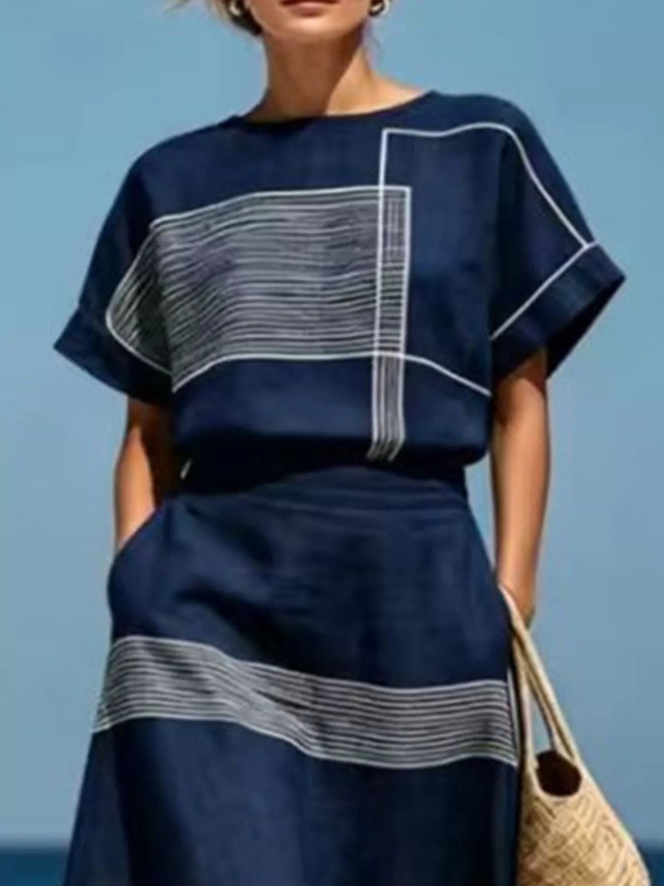 Navy blue striped round neck top and maxi skirt set with vertical stripe panel detail