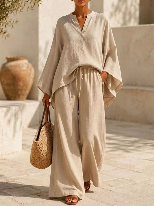 Plus-size notched long-sleeve top and wide-leg pants set in light tan, drawstring waist