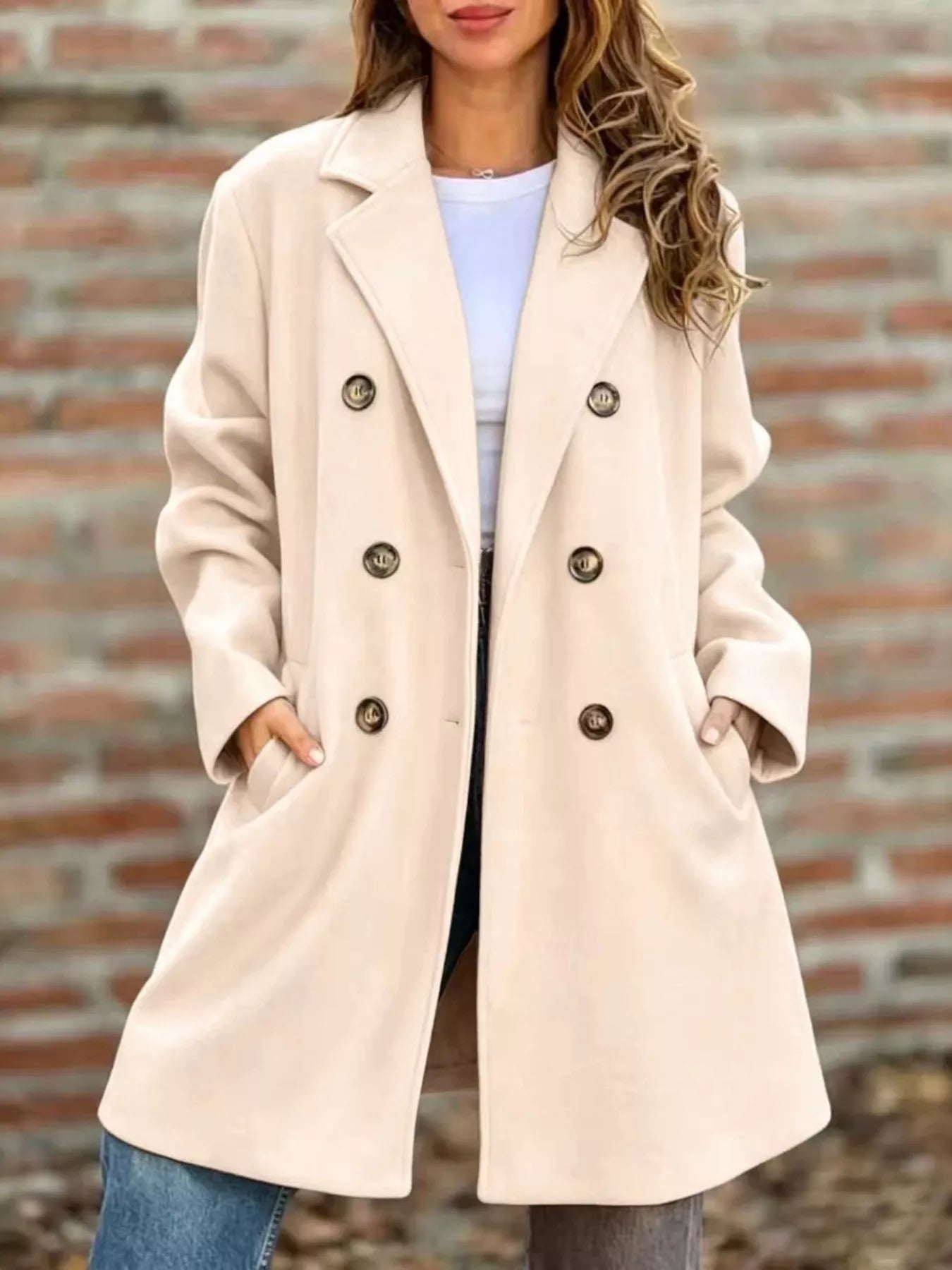 Double-breasted lapel coat in cream with gold button detail and open front