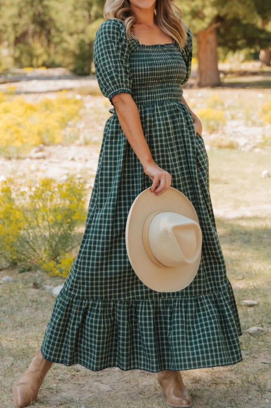 Green plaid maxi dress, square neckline, shirred bodice, puff sleeves, tiered hem