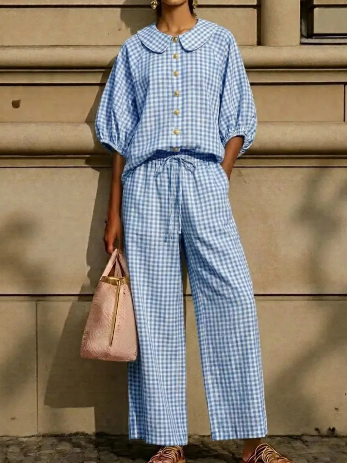 Light blue plaid button-up shirt and wide-leg pants set, Peter Pan collar, gold buttons.