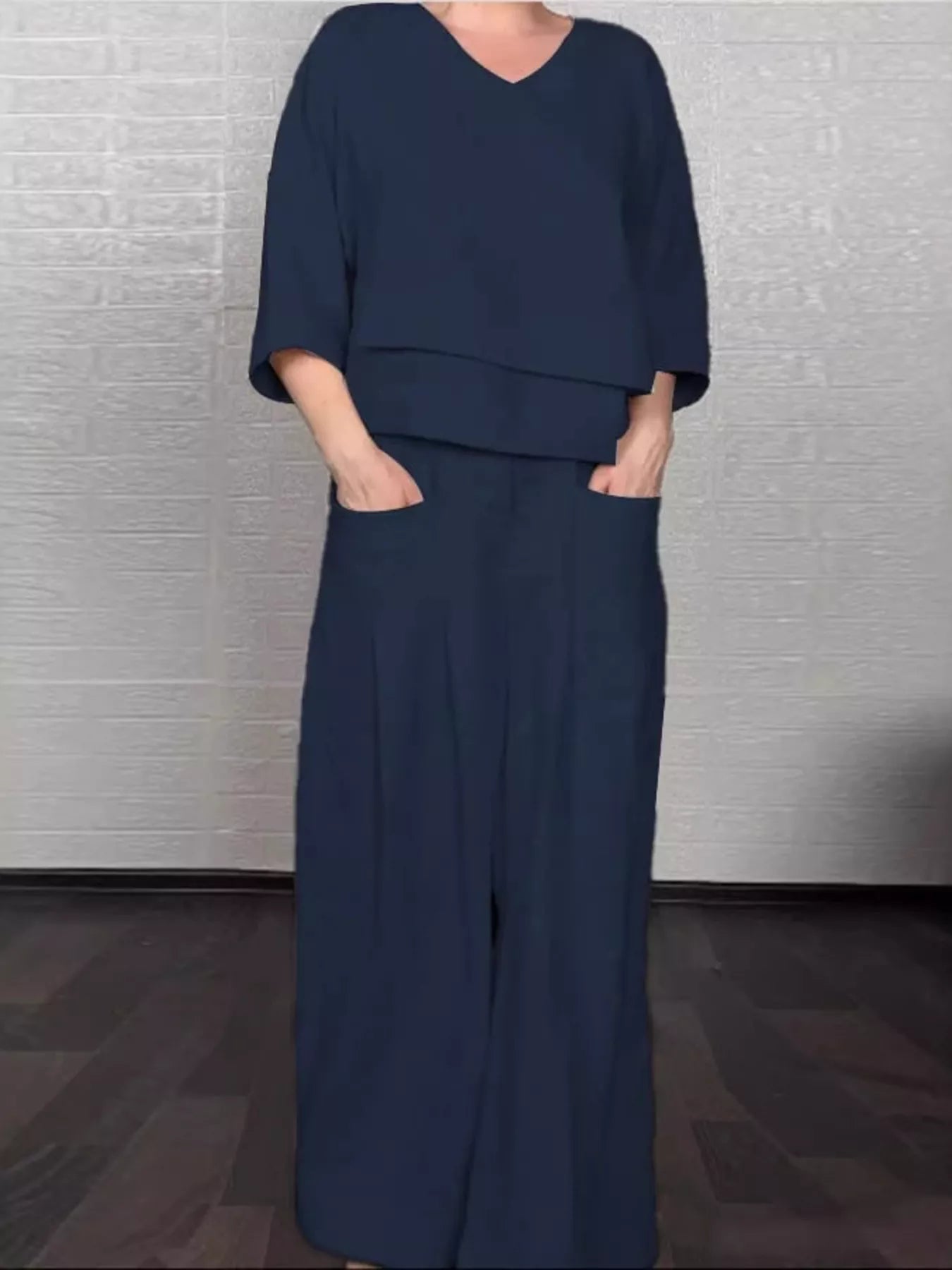 Navy v-neck long sleeve top and wide-leg pants set with relaxed fit