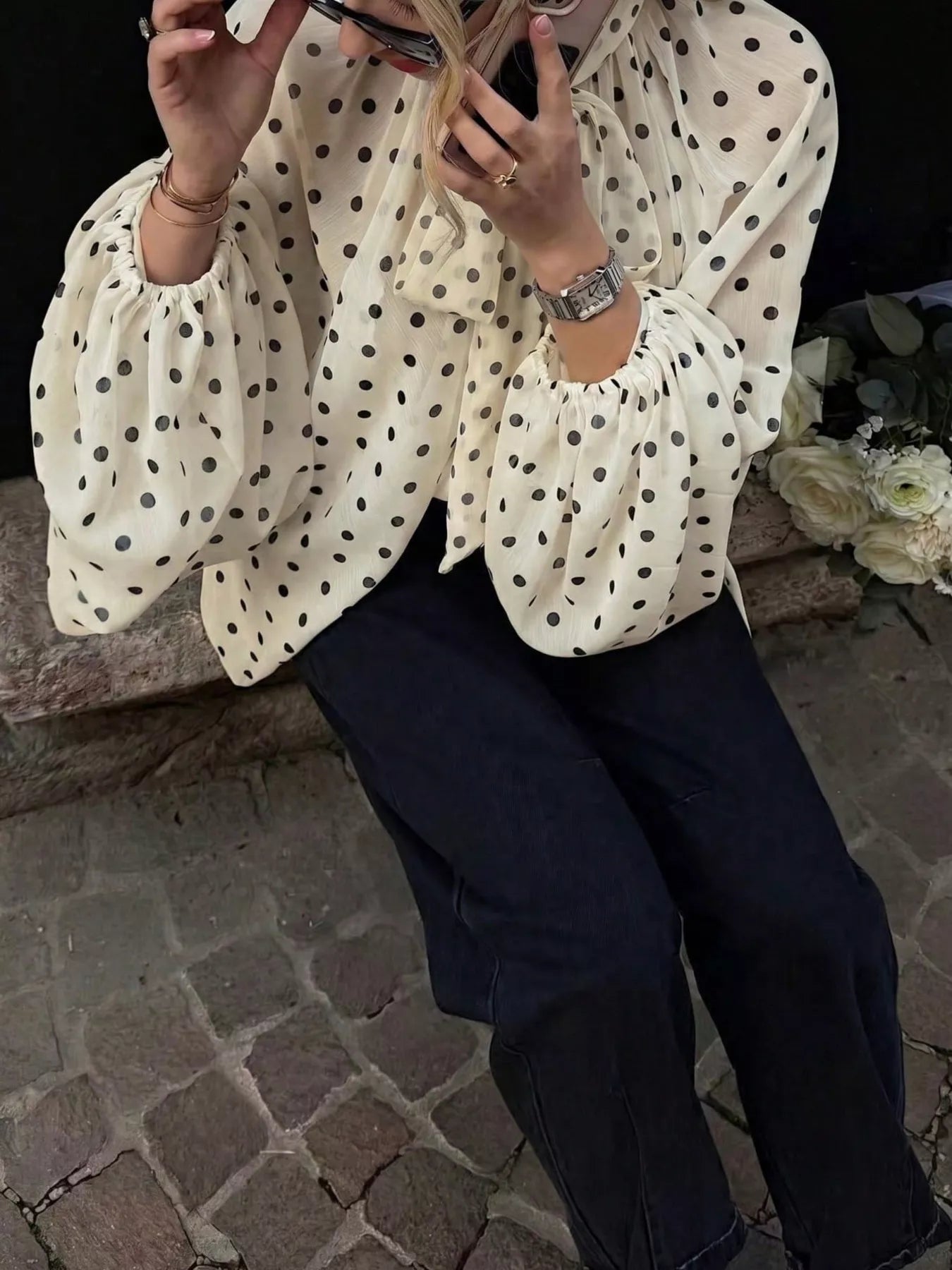 Ivory polka-dot blouse with ruffled high neck and bubble balloon sleeves