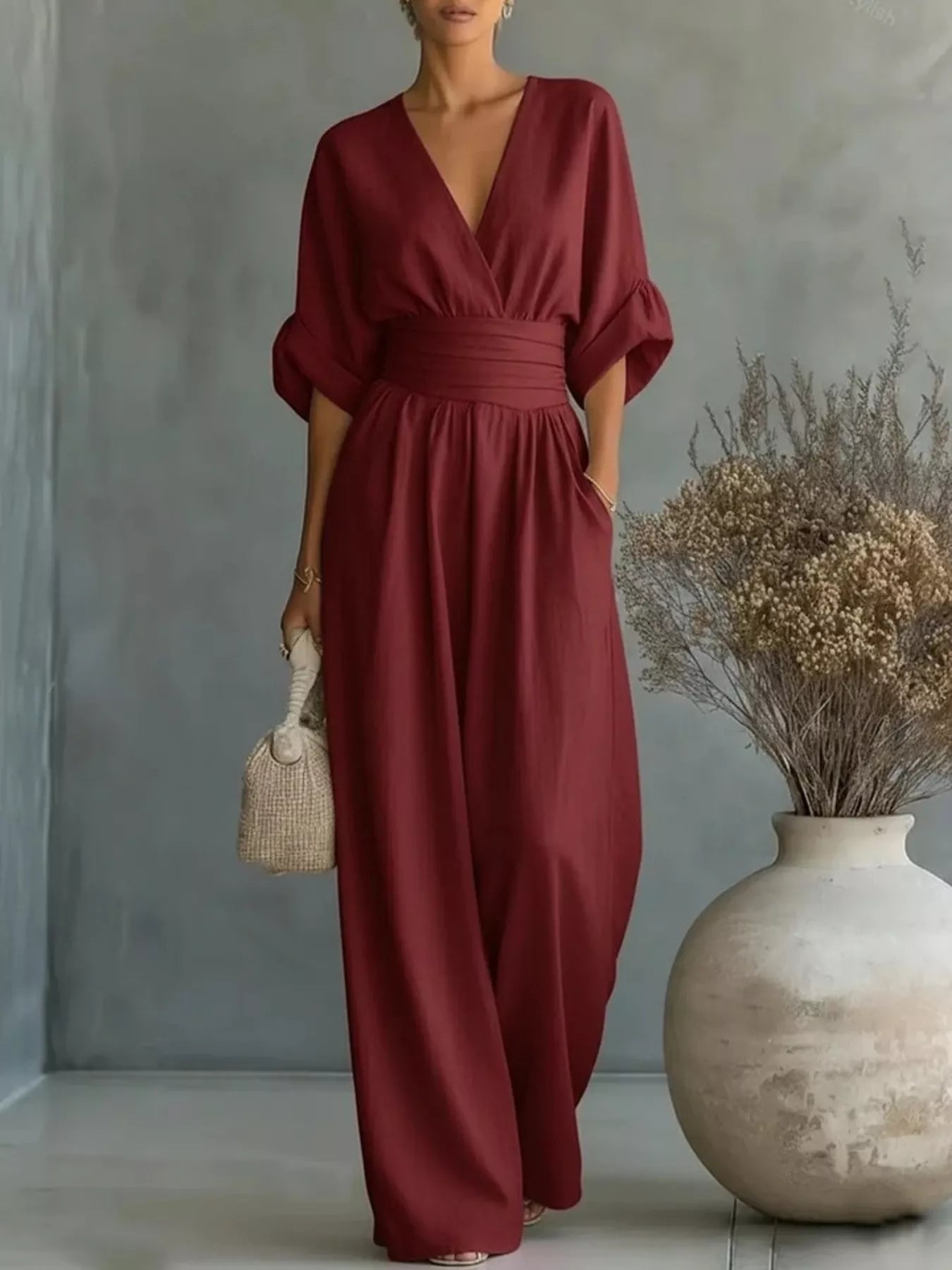 Wine red plus size jumpsuit with V-neck, half sleeves, gathered elastic waist, wide legs