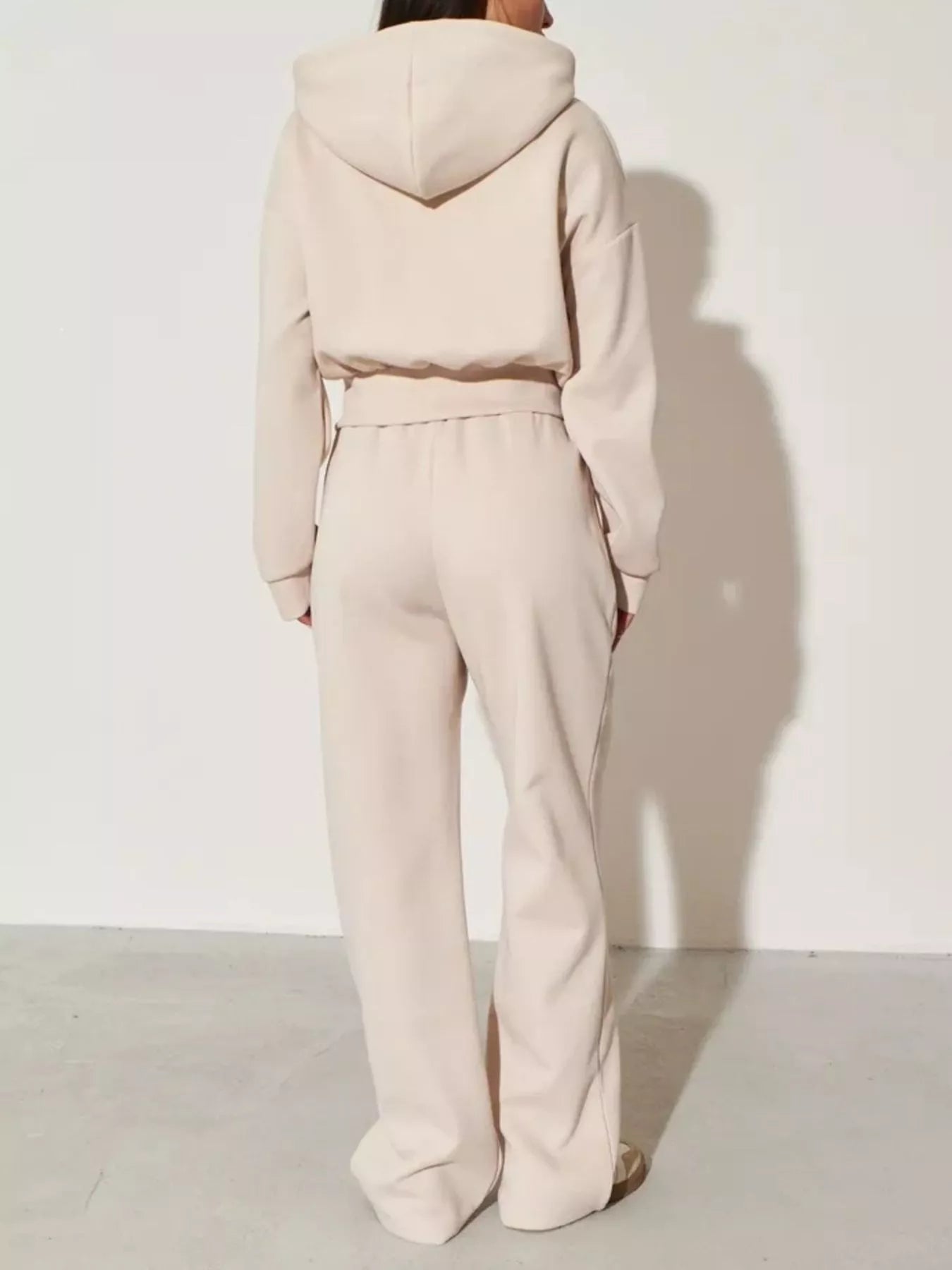 Apricot zip-up hoodie and wide-leg pants set, hooded back view with elastic waist