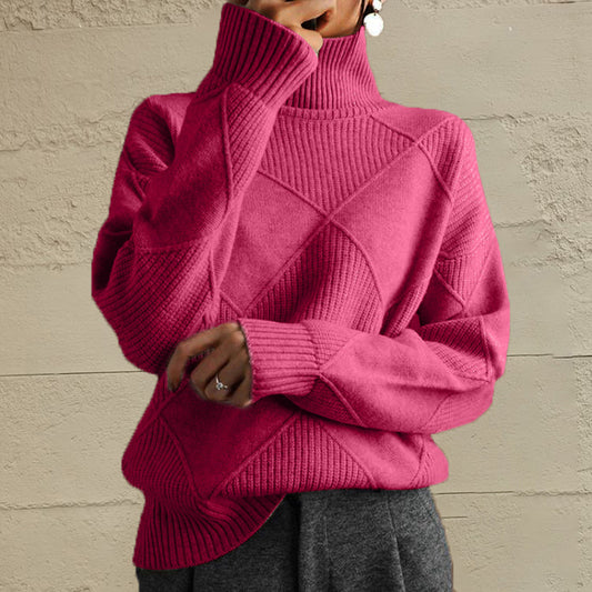 Hot pink geometric turtleneck long-sleeve sweater with ribbed knit texture