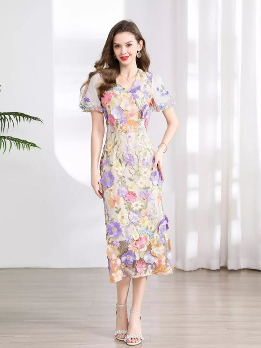 Floral embroidered puff sleeve midi dress in pastel purple floral print