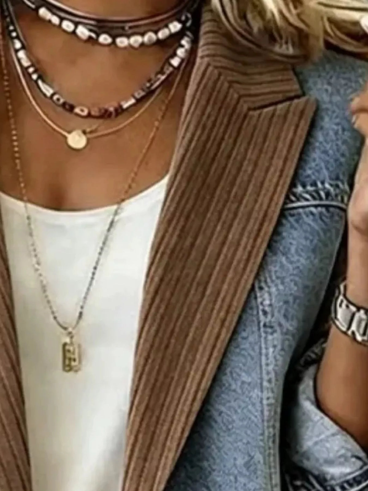 Brown and light blue denim patchwork ribbed blazer lapel and pocket detail
