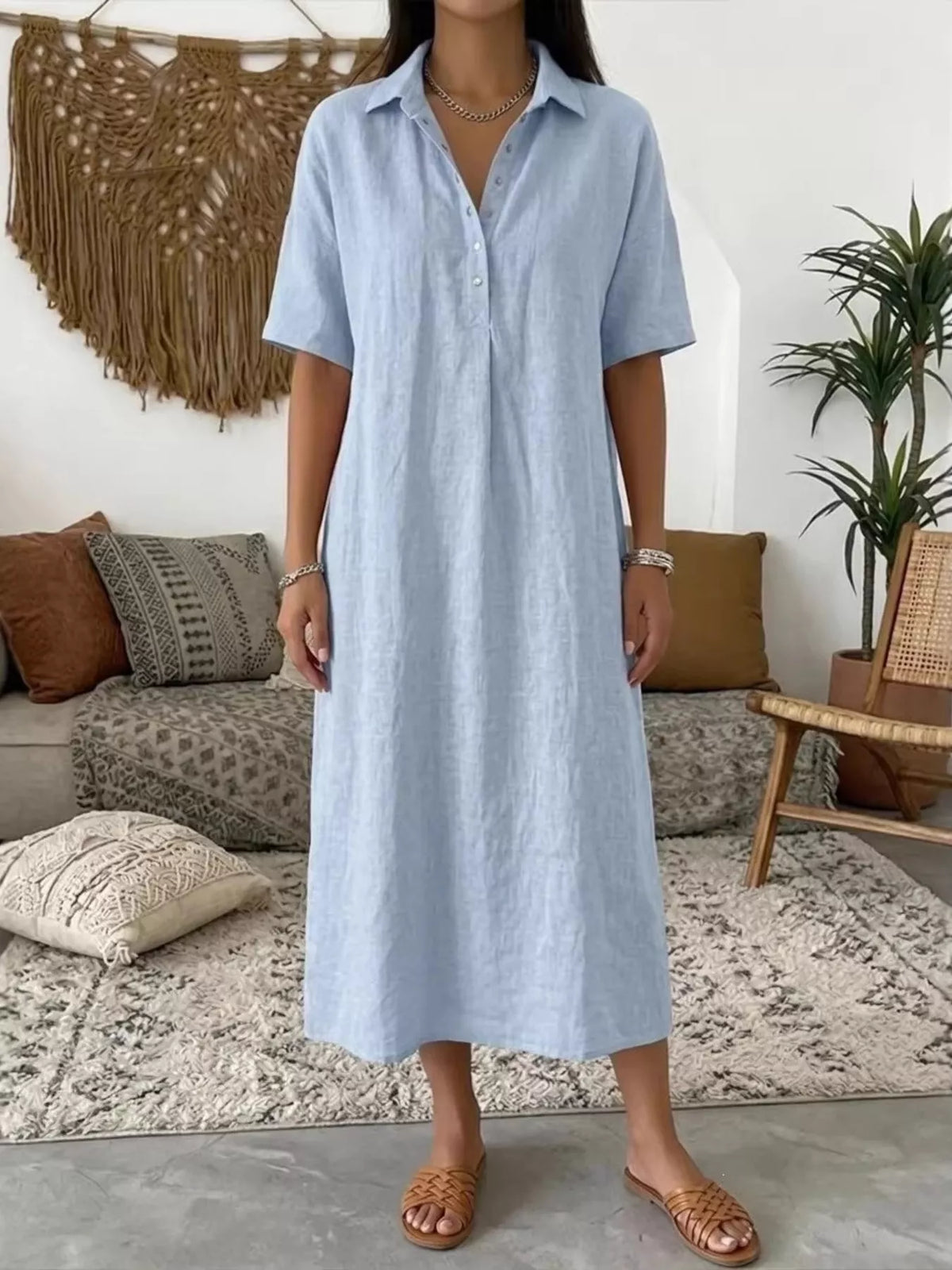 Light blue plus-size button-front midi dress with collared short sleeves