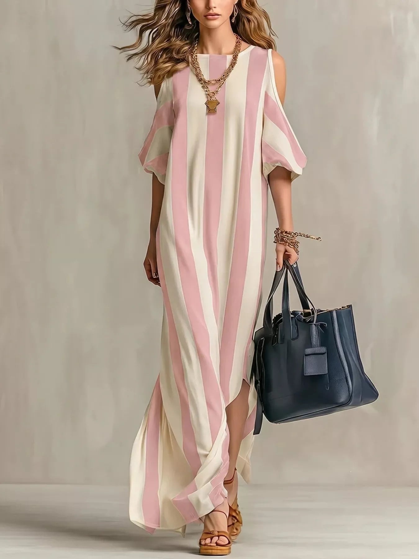 Striped cold-shoulder maxi dress in pale pink and cream with open shoulder cutouts