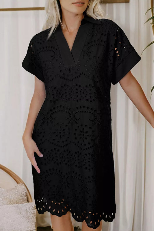 Black V-neck short-sleeve eyelet dress with scalloped hem