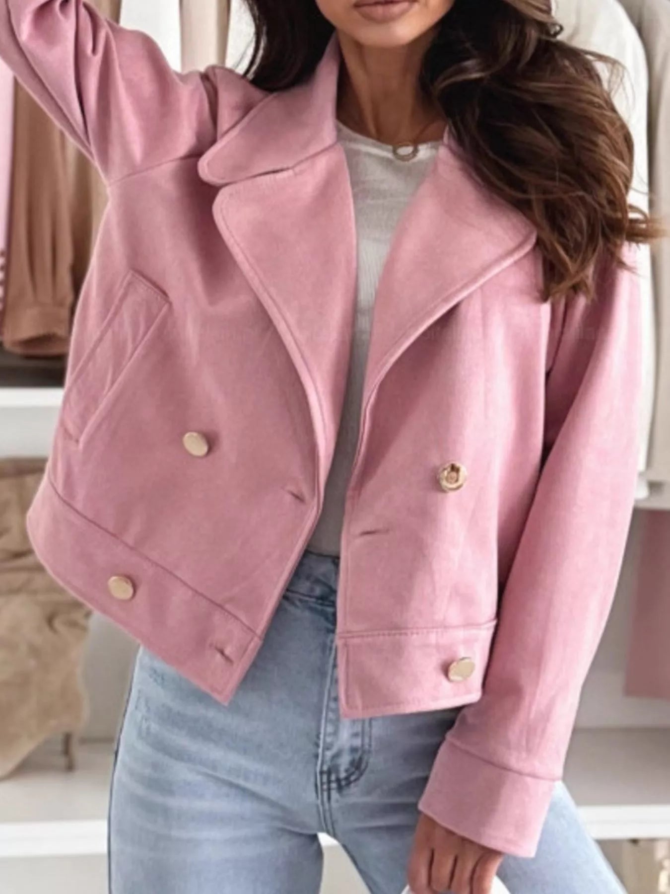 Pale blush cropped double-breasted jacket with stand collar and gold button front