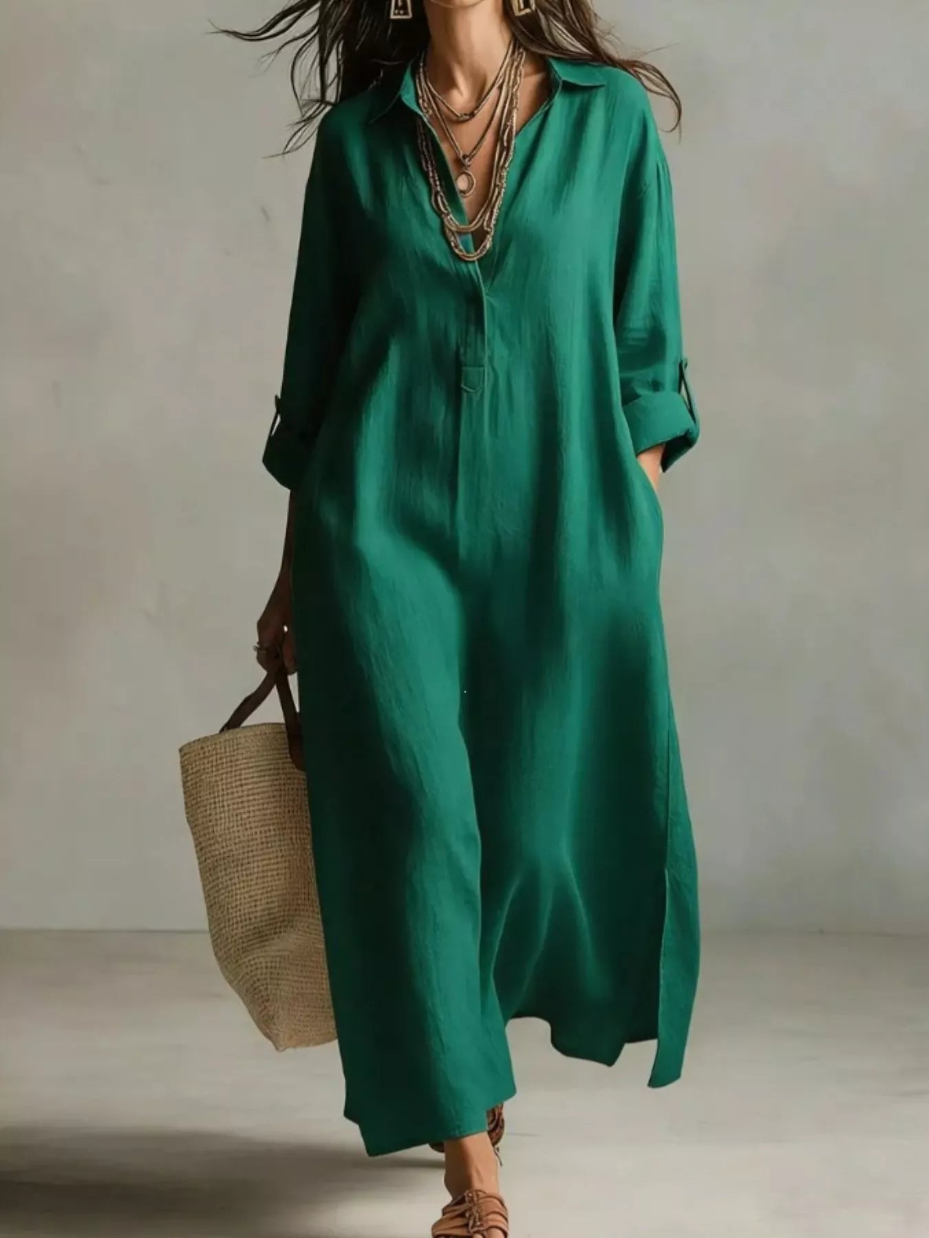 Teal green midi shirt dress with button front, collar, and 3/4 sleeves