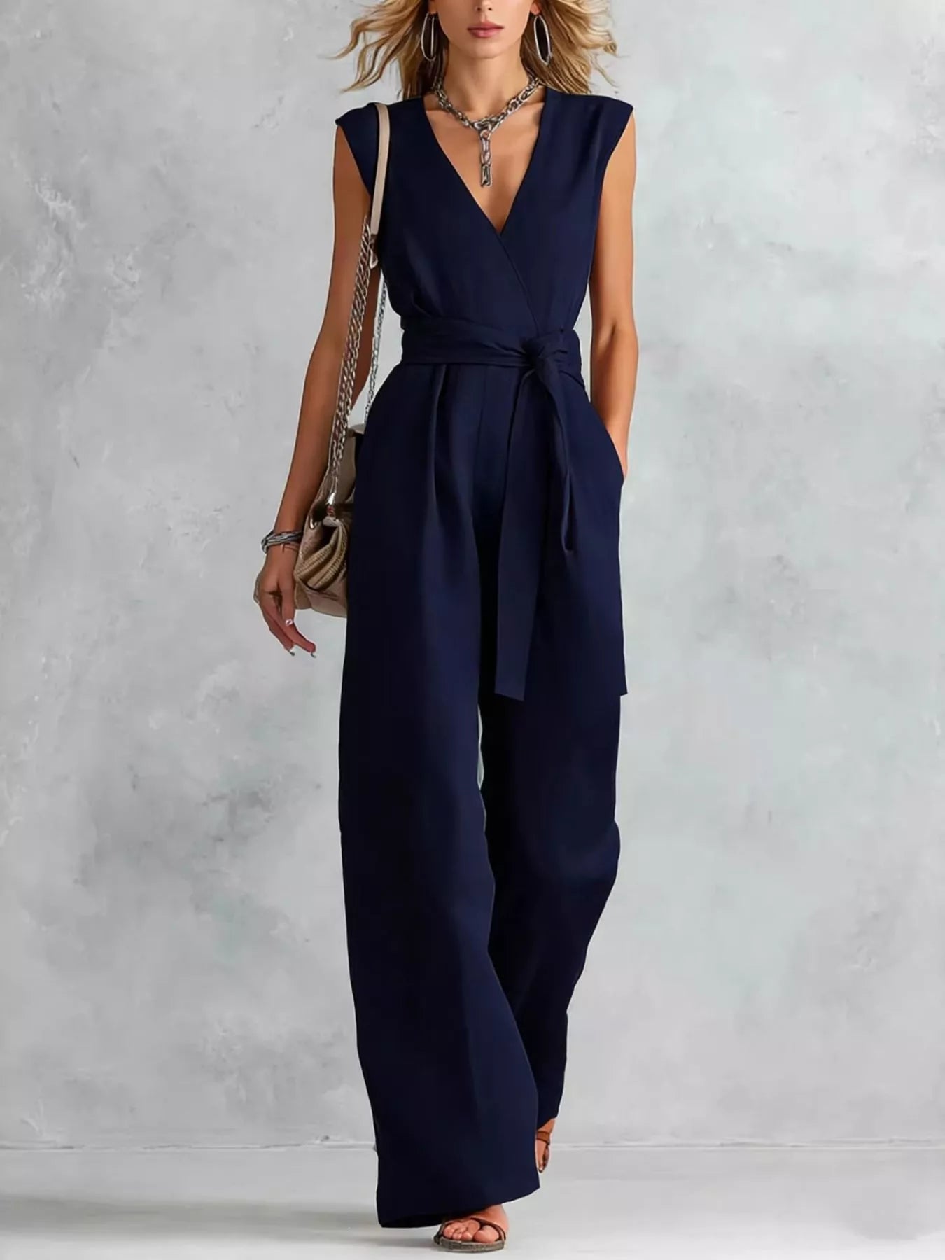 Sleeveless wide-leg jumpsuit in navy blue with V-neck and tied waist