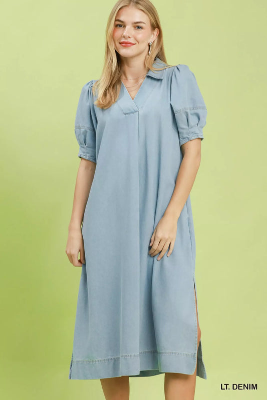 Light denim chambray dress with pointed collar and puff sleeves, front button placket