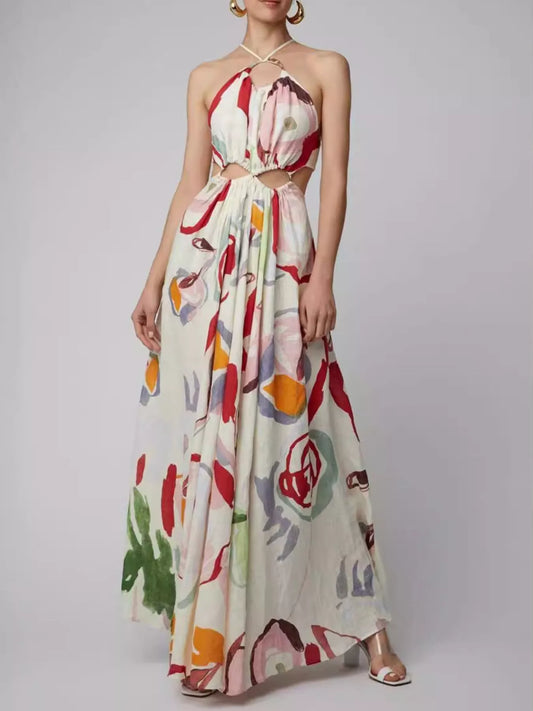 White printed halter cut-out maxi dress with keyhole neckline and gathered waist
