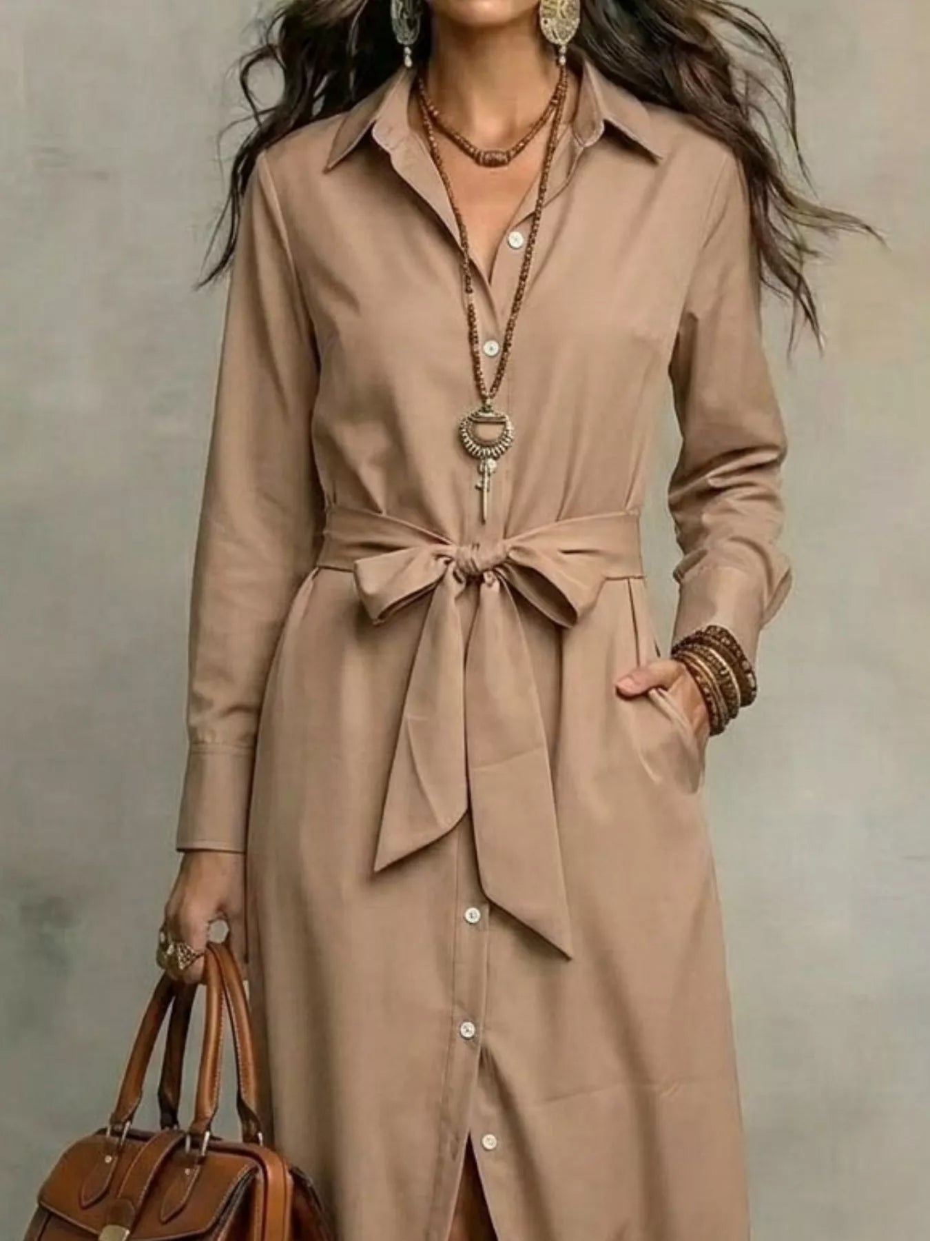 Plus size khaki long-sleeve shirt dress with tie waist and button placket