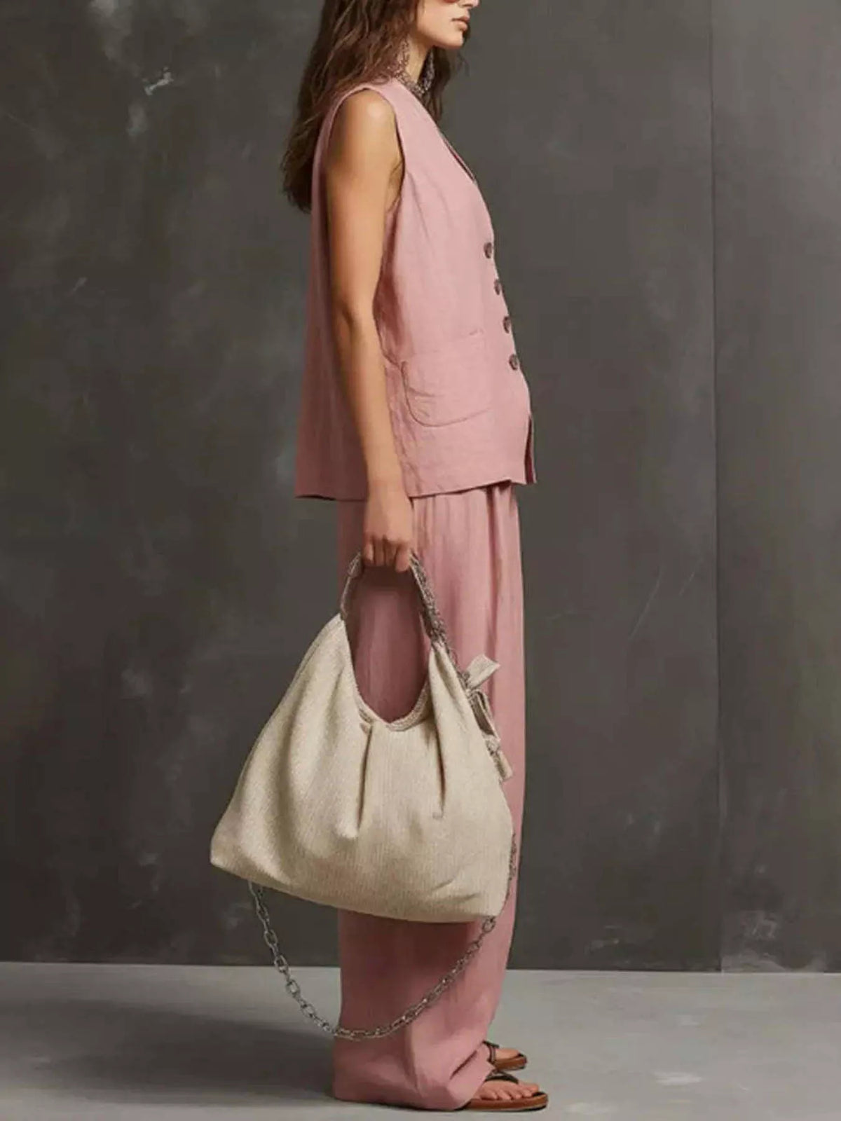 Pink sleeveless vest and wide-leg pants set, sleeveless button-front vest
