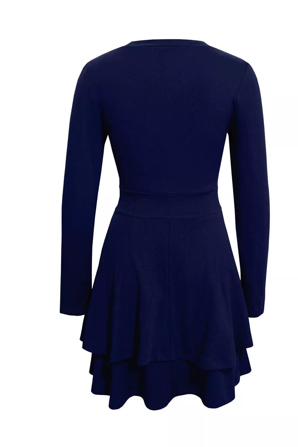 Dark navy long sleeve V-neck mini dress, back view with flared layers
