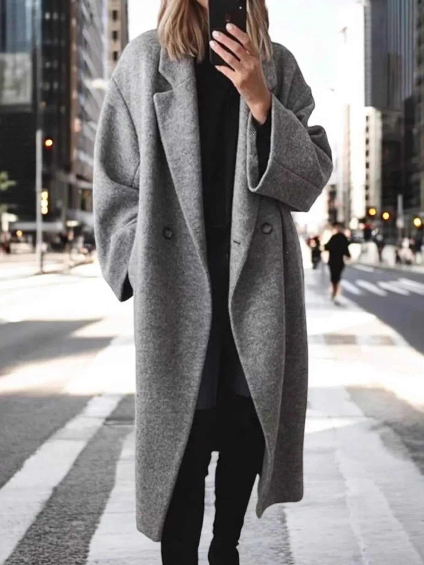 Heather gray longline wool-blend coat with notch lapels and buttoned double-breasted front